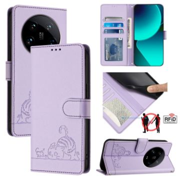 Xiaomi 14 Ultra 5G Purple RFID Leather Case with Cat Rat Pattern & Lanyard - 1