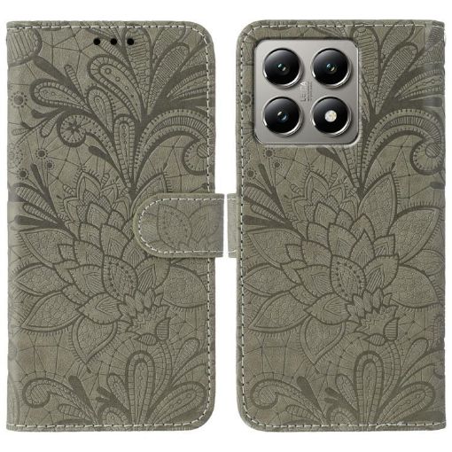 Xiaomi 14T Grey Lace Flower Embossing Flip Leather Phone Case - 1