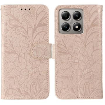 Xiaomi 14T Rose Gold Lace Flower Embossing Flip Leather Phone Case - 1