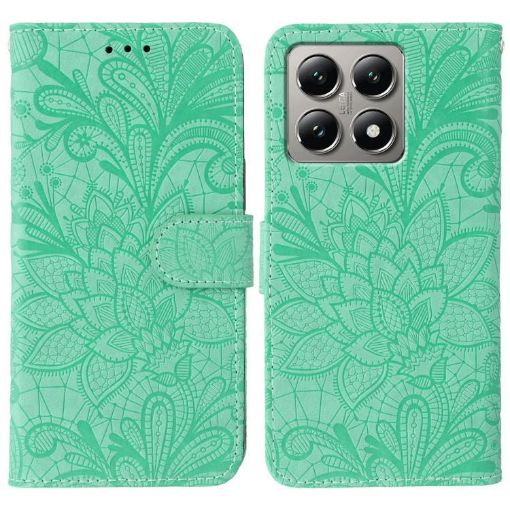 Xiaomi 14T Green Lace Flower Embossing Flip Leather Phone Case - 1