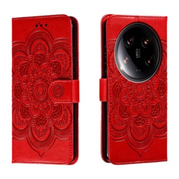 Xiaomi 14 Ultra Red Leather Case - Sun Mandala Embossing Pattern - 1