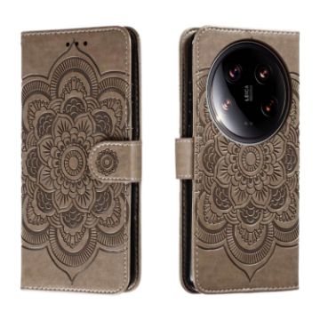 Xiaomi 14 Ultra Grey Leather Case - Sun Mandala Embossing Pattern - 1