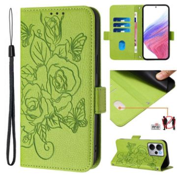 Realme 14 5G/14T 5G Green Embossed Rose RFID Leather Phone Case - 1