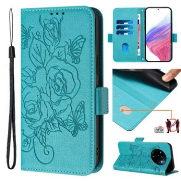 Realme Narzo 80/14 Pro 5G Embossed Rose RFID Leather Case Light Blue - 1