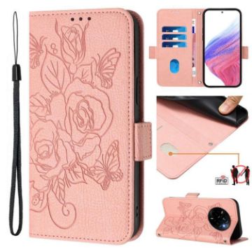 Realme Narzo 80/14 Pro 5G Pink Embossed Rose RFID Leather Case - 1
