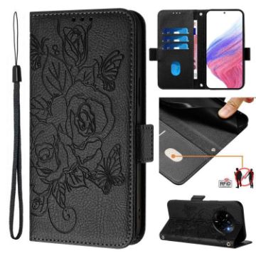 Realme Narzo 80/14 Pro 5G Embossed Rose RFID Leather Case (Black) - 1
