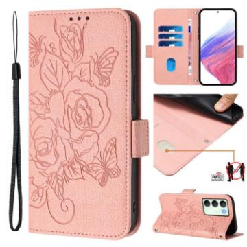 Realme 14x/V70/C75 5G Pink Embossed Rose RFID Leather Phone Case - 1