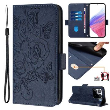 Xiaomi 15S Pro 5G Dark Blue Embossed Rose RFID Leather Phone Case - 1