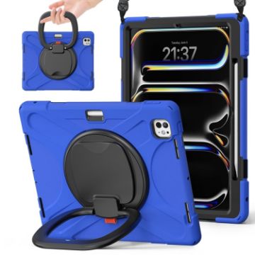 iPad Pro 13 2024 Blue Silicone Hybrid Case with Holder & Strap - 1