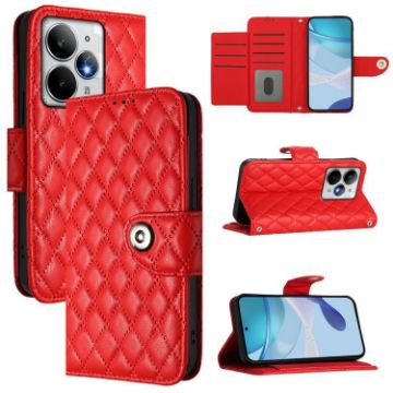 Realme Neo7 Turbo 5G Red Rhombic Texture Flip Leather Case with Lanyard - 1