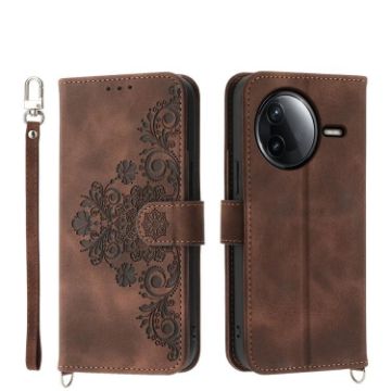 Redmi K80/K80 Pro Brown Embossed Flowers Wallet Leather Phone Case - 1