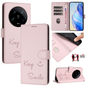 Xiaomi 14 Ultra Pink RFID Leather Phone Case - Smile Embossing - 1