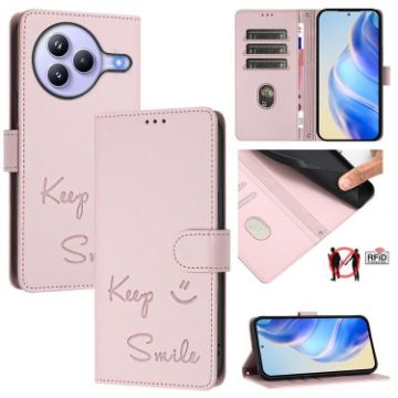 Xiaomi Civi 5 Pro 5G Pink RFID Leather Phone Case with Smile Embossing - 1