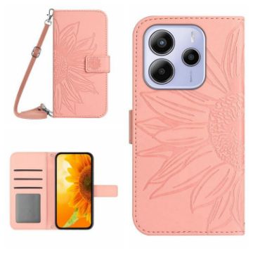 Redmi Note 14 4G Pink Sunflower Embossed Flip Leather Case with Lanyard - 1
