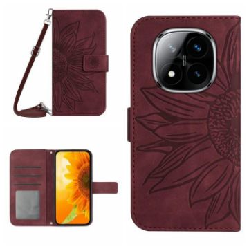 Redmi Note 14 Pro 4G Sunflower Embossed Flip Leather Case Wine Red - 1