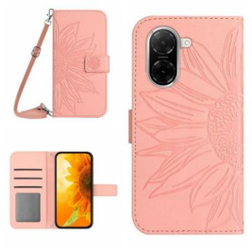 Redmi A5 4G Pink Sunflower Embossed Flip Leather Case with Lanyard - 1
