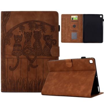 Samsung Galaxy Tab A7 2020 T500 Cats Embossed Leather Case Brown - 1