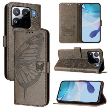 Xiaomi 15S Pro 5G Grey Embossed Butterfly Leather Phone Case - 1