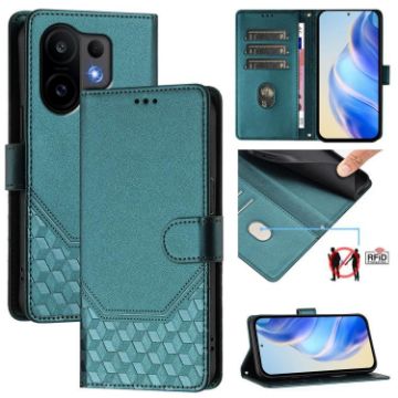 Vivo S30 Peacock Green Honeycomb Embossing RFID Leather Case - 1
