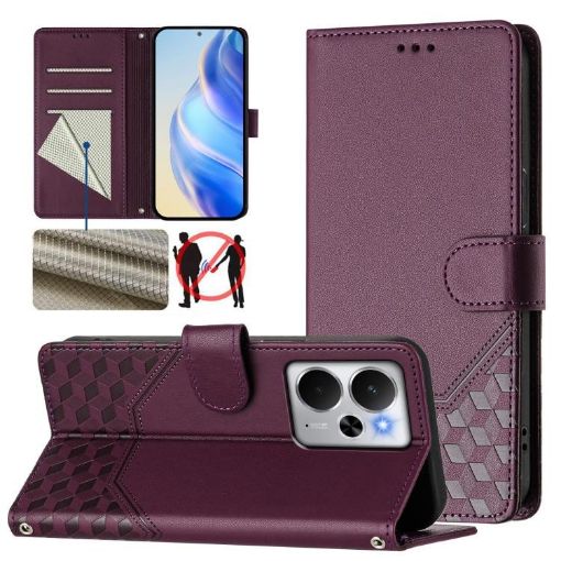 Realme 14 5G/14T 5G Violet RFID Leather Phone Case - Honeycomb Design - 1