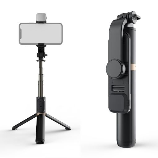 Q03S Fill Light Bluetooth Selfie Stick Tripod Phone Holder - Black - 1