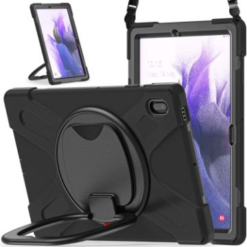 Samsung Galaxy Tab S7 FE T730 Black Silicone PC Case with Holder & Strap - 1