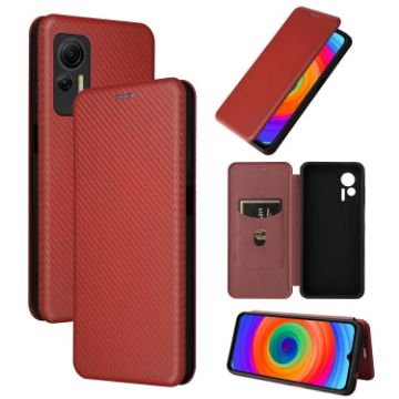 Ulefone Note 14 Brown Flip Leather Phone Case - Carbon Fiber Texture - 1