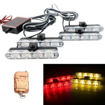 4 in 1 Car Grille Flash Lights 16LEDs with Wireless Remote (Red Yellow) - 1