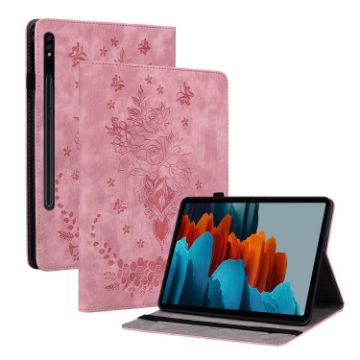 Samsung Galaxy Tab S9+ Pink Butterfly Rose Embossed Leather Case - 1