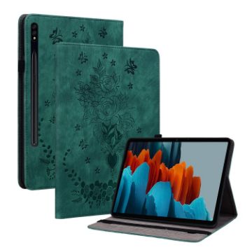 Samsung Galaxy Tab S9+ Green Butterfly Rose Embossed Leather Case - 1