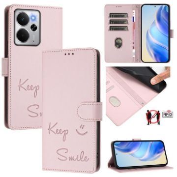 Realme 14 5G/14T 5G Pink RFID Leather Phone Case - Smile Embossing - 1