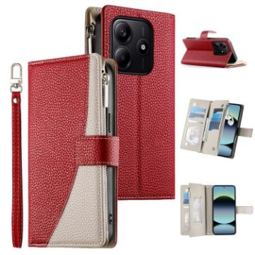 Redmi Note 14 5G Leather Wallet Case with Strap - Red, Multi-card Zipper - 1