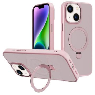 iPhone 14 Pink Metal Lens Frame MagSafe Holder Frosted PC Case - 1