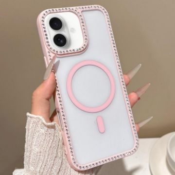 iPhone 16 Plus Pink Rhinestone Frame MagSafe Case with Large Lens Hole - 1