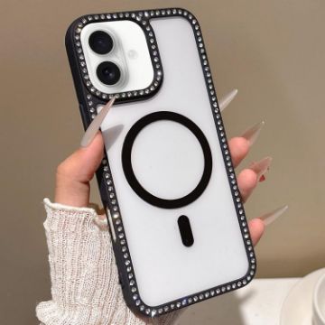 iPhone 16 Plus MagSafe Case Black with Large Lens Hole Rhinestone Frame - 1