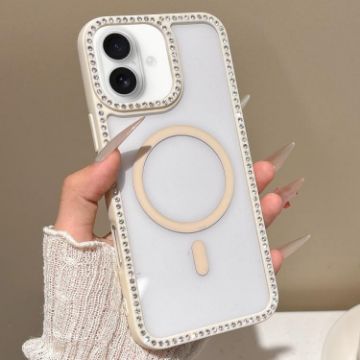 iPhone 16 MagSafe Case Beige with Large Lens Hole & Rhinestone Frame - 1