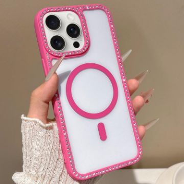 iPhone 15 Pro Max Rhinestone Frame MagSafe Case Rose Gold Large Lens - 1