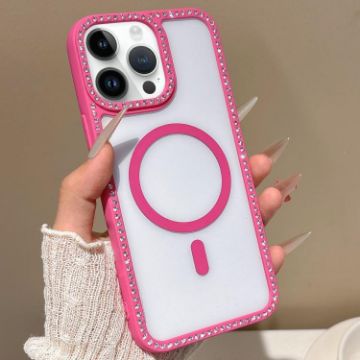 iPhone 14 Pro Max Rhinestone Frame MagSafe Case Rose Gold Large Lens Hole - 1