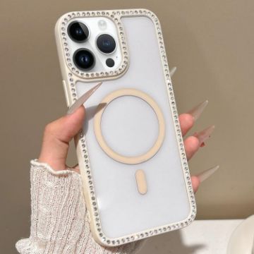 iPhone 14 Pro Max Rhinestone Frame MagSafe Case Beige Large Lens Hole - 1