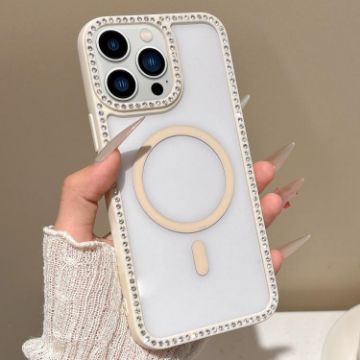 iPhone 13 Pro Max Rhinestone Frame MagSafe Case Beige Large Lens Hole - 1