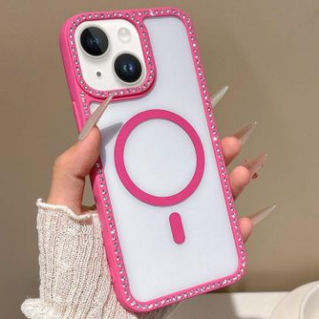 iPhone 13 MagSafe Case Rose Gold Rhinestone Frame Large Lens Hole - 1