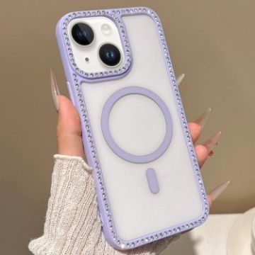 iPhone 15 Plus MagSafe Case with Large Lens Hole & Rhinestone Frame - Purple - 1