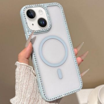 iPhone 15 Plus Blue Rhinestone Frame MagSafe Case with Large Lens Hole - 1