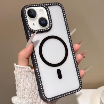 iPhone 15 Plus MagSafe Case Black with Large Lens Hole Rhinestone Frame - 1