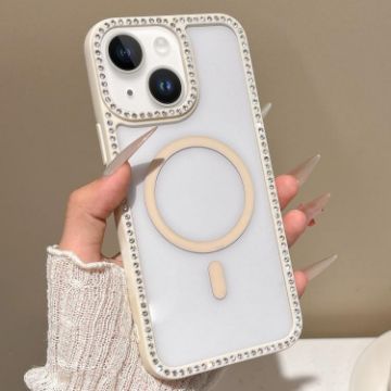 iPhone 15 Plus Rhinestone Frame MagSafe Case Beige Large Lens Hole - 1