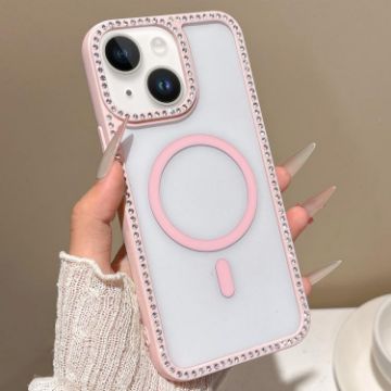 iPhone 14 Plus Pink Rhinestone Frame MagSafe Case with Large Lens Hole - 1