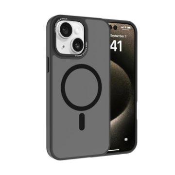 iPhone 15 Plus Kalebol Metal Lens Frame MagSafe Frosted PC Case Black - 1