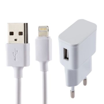 iPhone USB Charger 5V 2.1A with 1m 8 Pin Cable, EU Plug, White - 1