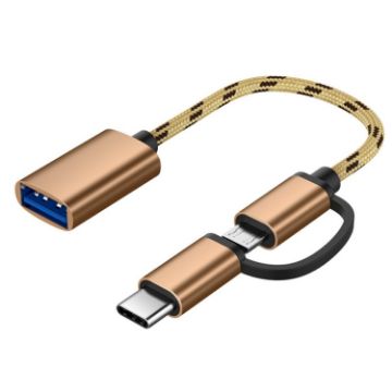 USB 3.0 Female to Micro USB & USB-C OTG Adapter Cable, 17cm Gold - 1