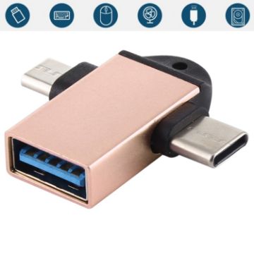 USB 3.0 Female to USB-C/Micro USB Male OTG Adapter with Sling Hole Gold - 1